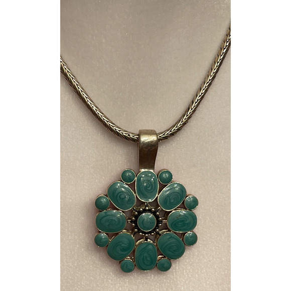 Premier Designs Reversable Enamel Pendant Teal Blue Red Flower Necklace 18" - Picture 4 of 8